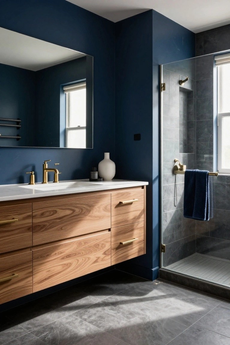 Bathroom with deep navy walls, wood vanity, and glass shower.