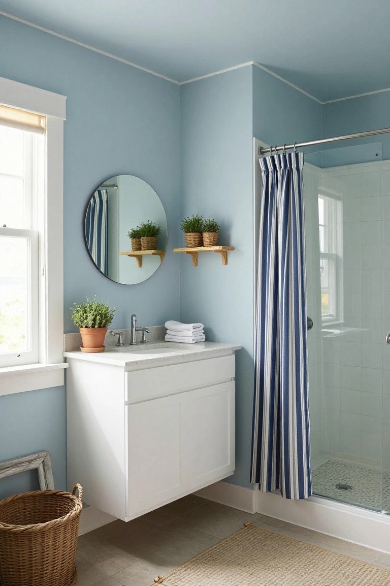 Bathroom featuring pale blue walls with white vanity and blue-striped shower curtain.