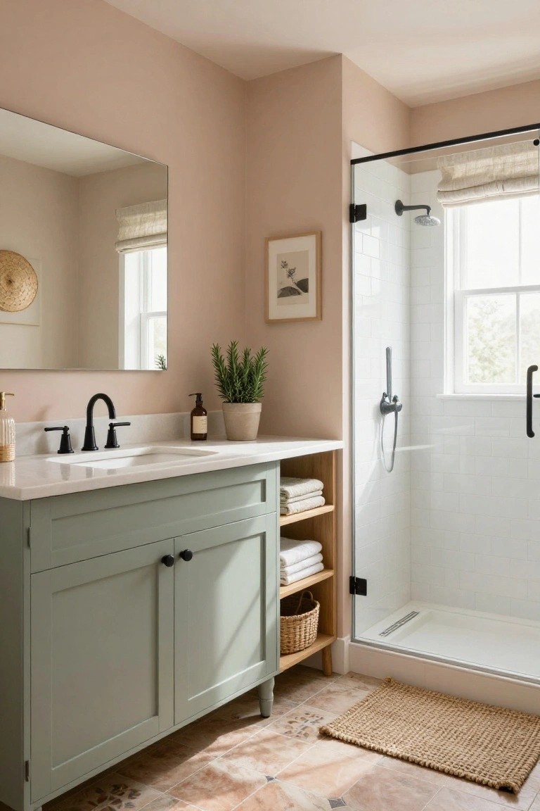 Bathroom featuring soft blush pink walls with sage green vanity and glass shower enclosure.