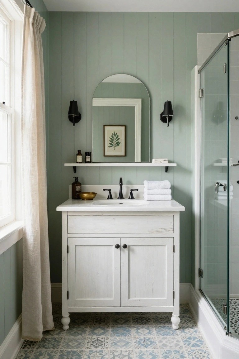Bathroom featuring soft sage green shiplap walls beside a white vanity and glass shower.