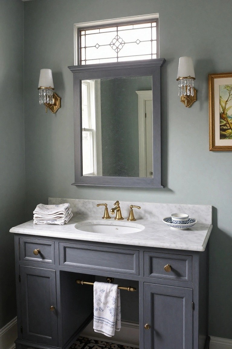 Bathroom walls painted soft sage green with gray vanity and brass fixtures.