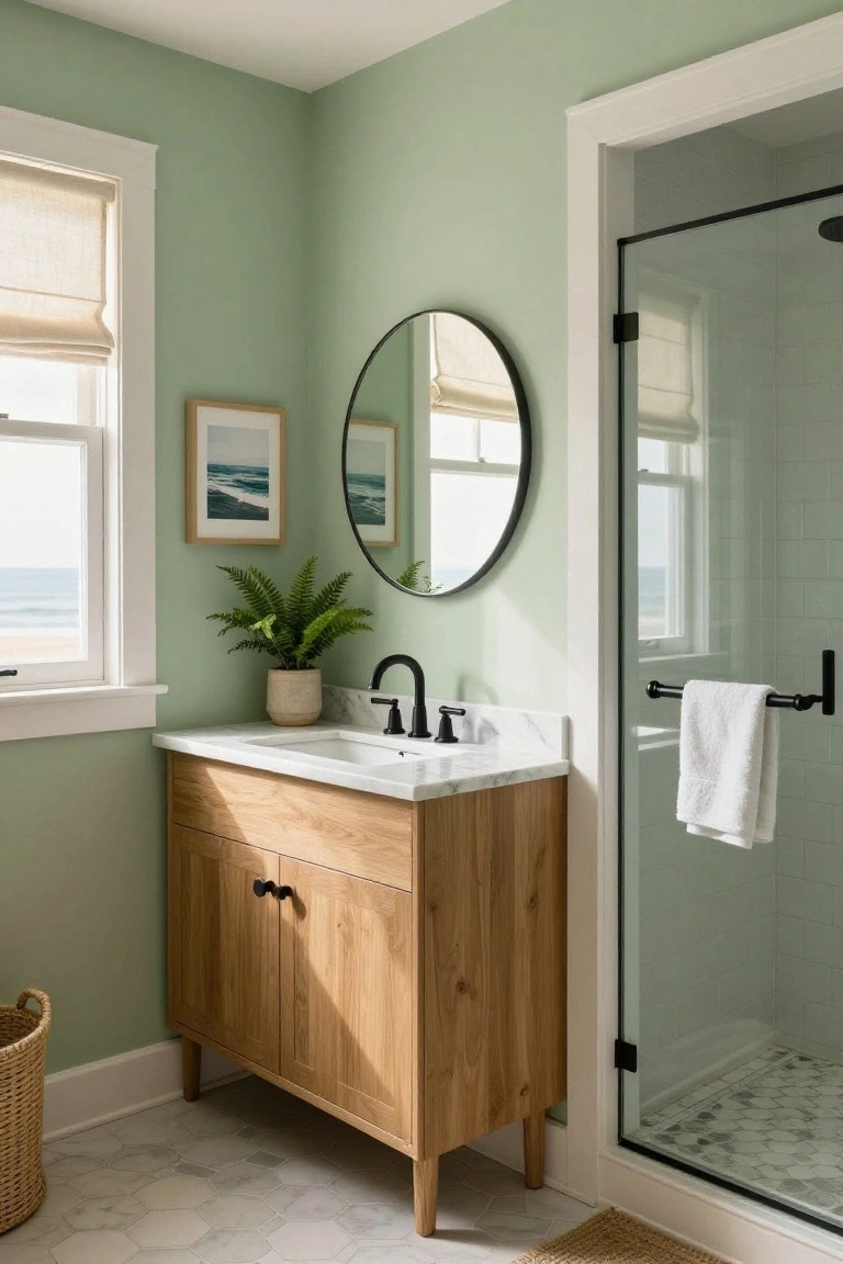 Pale sage green walls in a bathroom with wood vanity and glass shower enclosure.