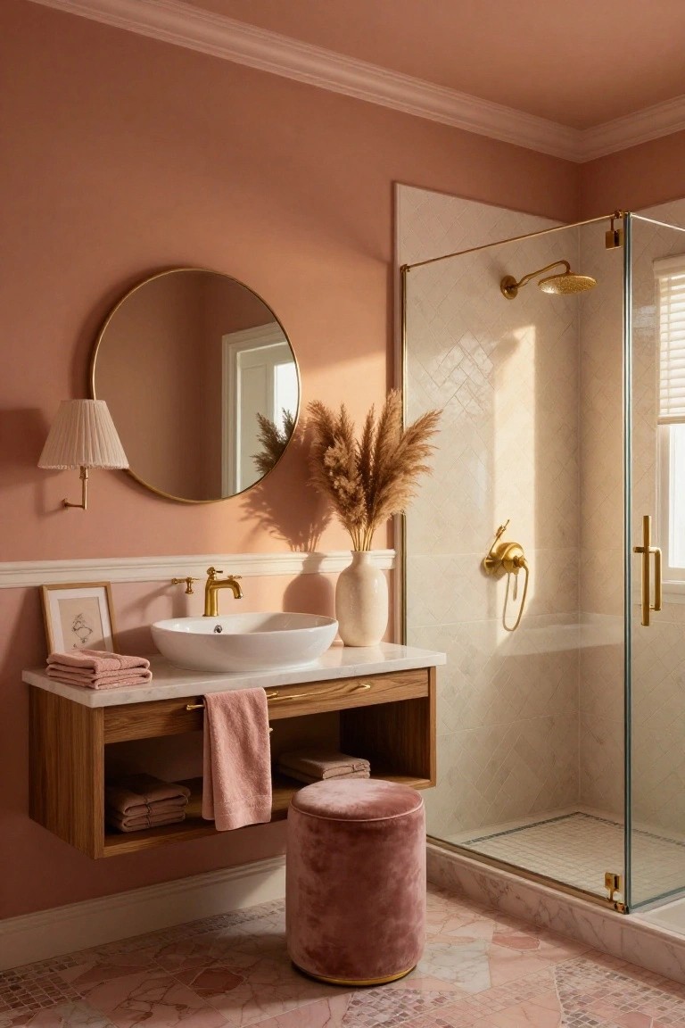 Bathroom featuring soft terracotta walls with a wood vanity and glass shower enclosure.