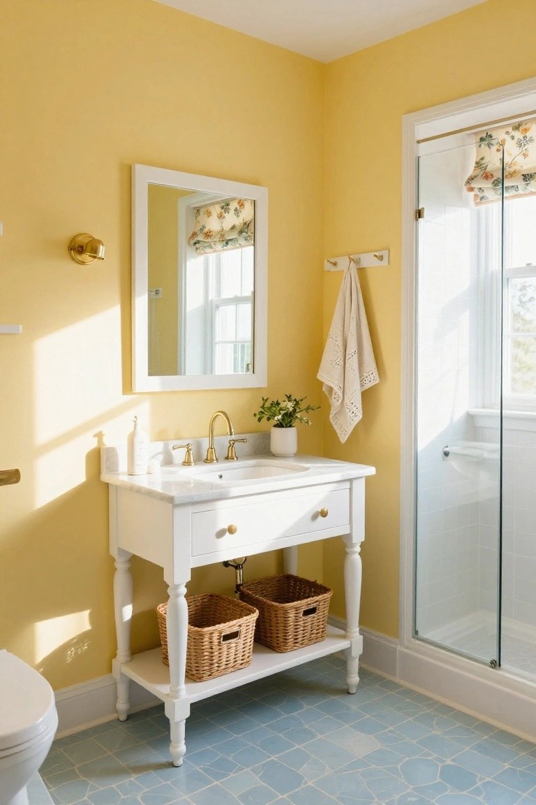 Bathroom featuring soft yellow walls with a white vanity and blue patterned tile floor