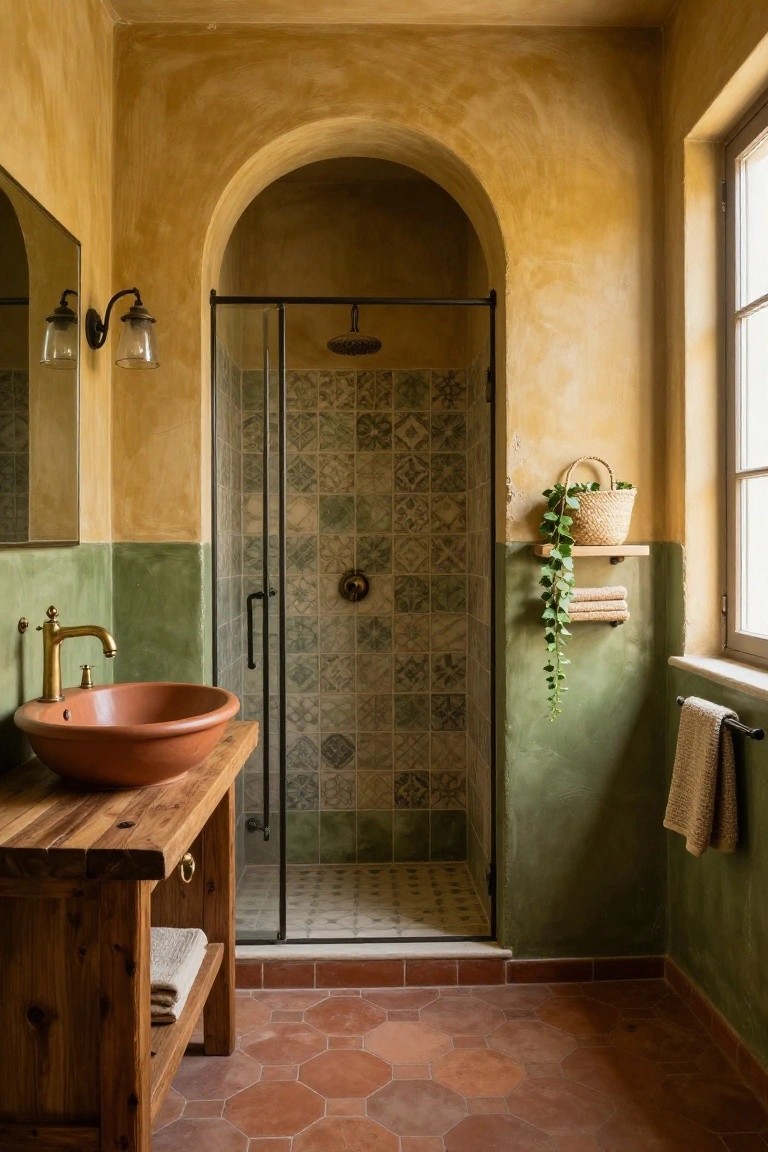 Bathroom featuring warm ochre upper walls and sage green lower walls with a wooden vanity and arched shower.