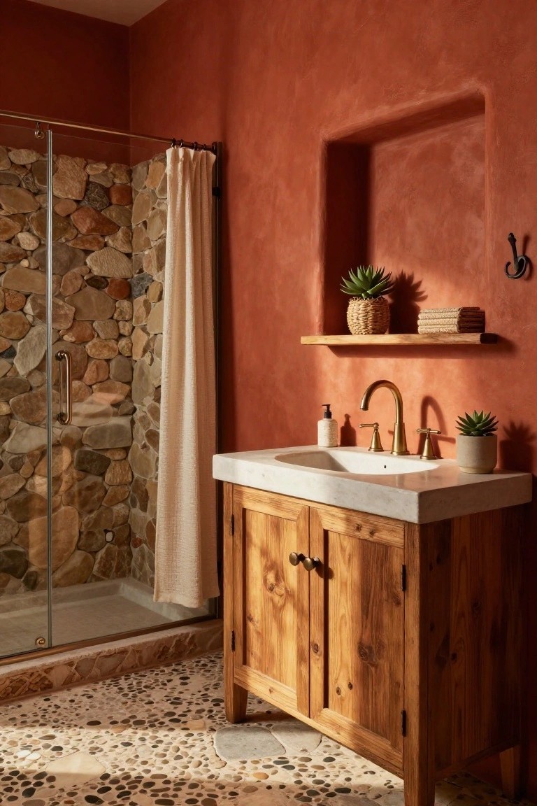 Bathroom featuring warm terracotta walls with a wooden vanity and stone shower enclosure.