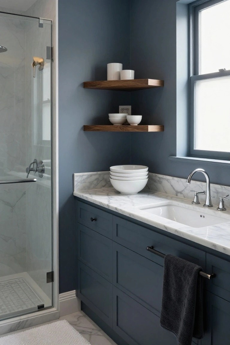 Bathroom corner with deep navy walls and cabinets, marble vanity, and wood shelves.