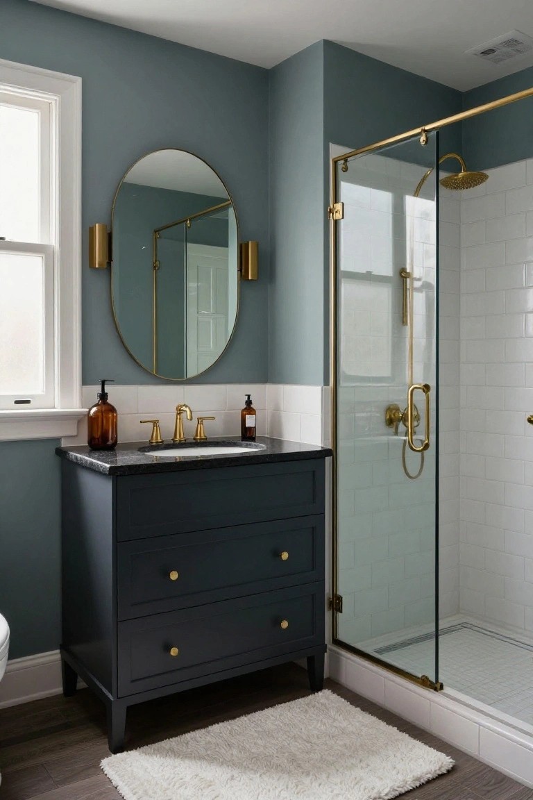 Bathroom with muted blue-gray walls, dark vanity, brass fixtures, and glass shower