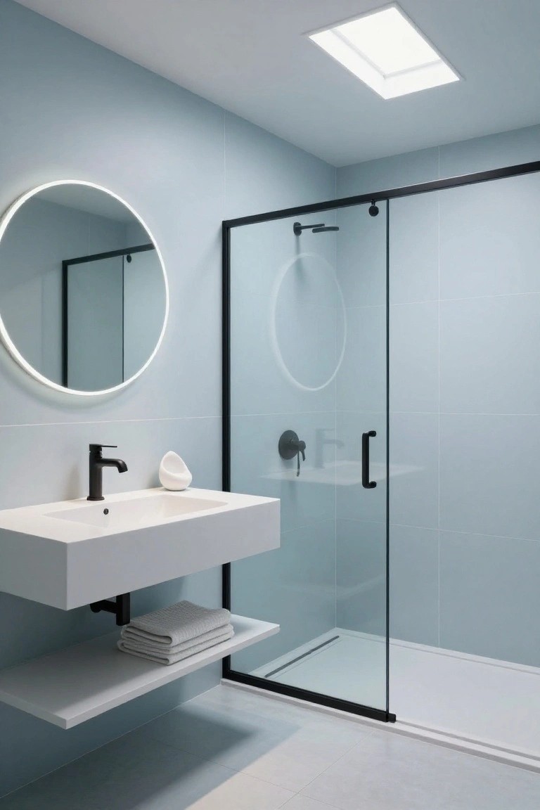 Pale blue walls in a simple bathroom with black shower frame and floating sink.