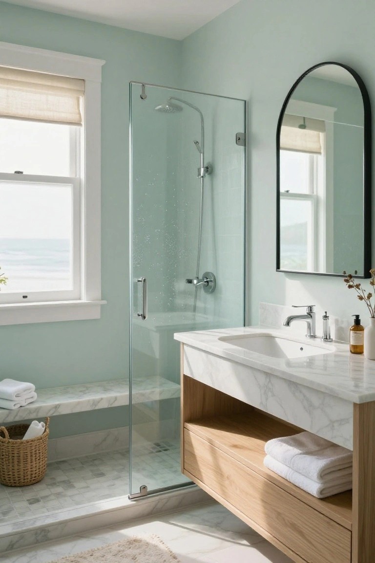 Bathroom with pale seafoam green walls, glass shower, and marble vanity by a window.