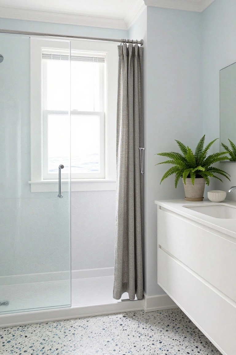 Pale blue walls in a light bathroom with glass shower and white vanity
