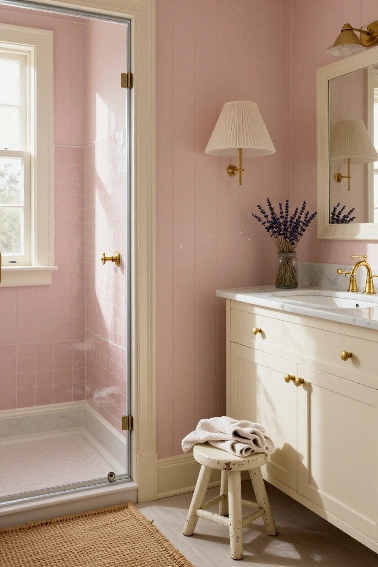 Bathroom with pale pink paneled walls, white vanity, and glass shower enclosure