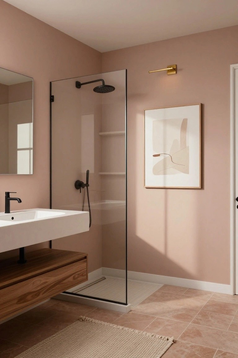 Bathroom with soft blush pink walls, black shower fixtures, and floating wood vanity
