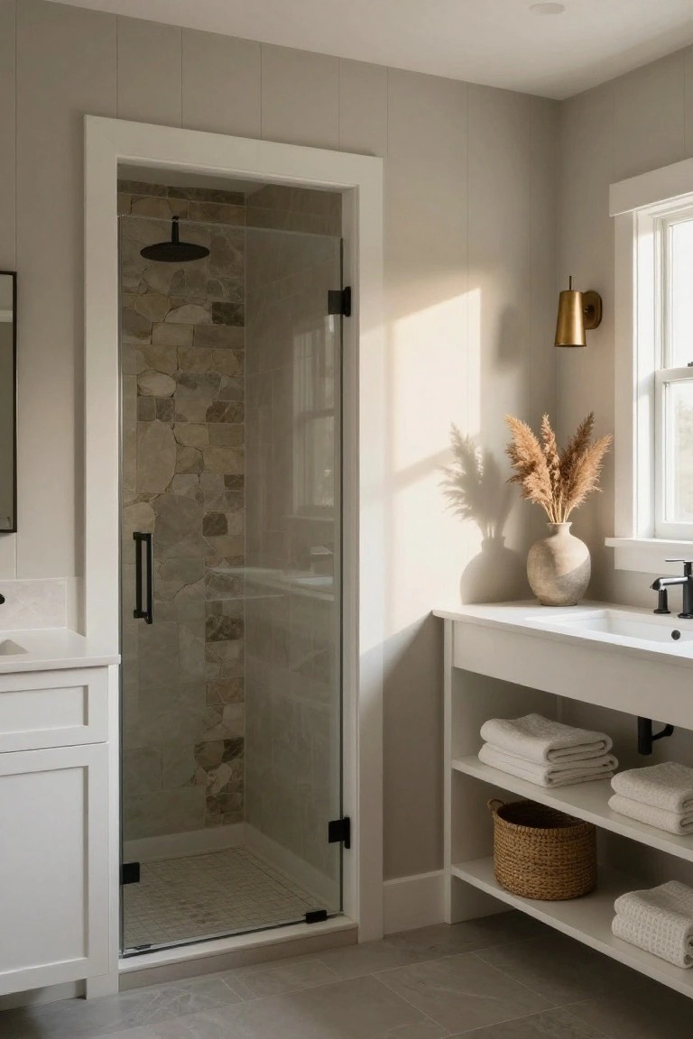 Bathroom walls painted soft greige with white vanity and glass shower enclosure