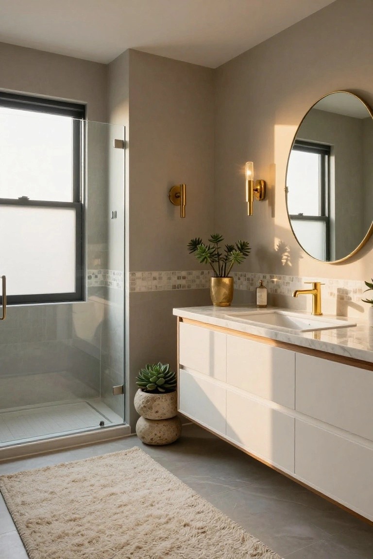 Bathroom with soft greige walls, white floating vanity, and glass shower enclosure.