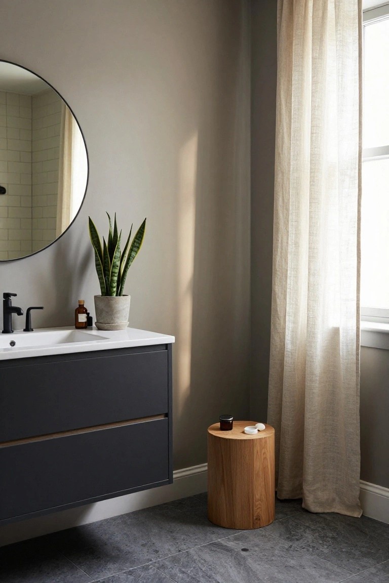 Bathroom walls in soft greige with dark vanity and window light