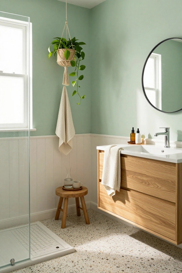 Pale sage green walls in a bathroom with white wainscoting and wood vanity.