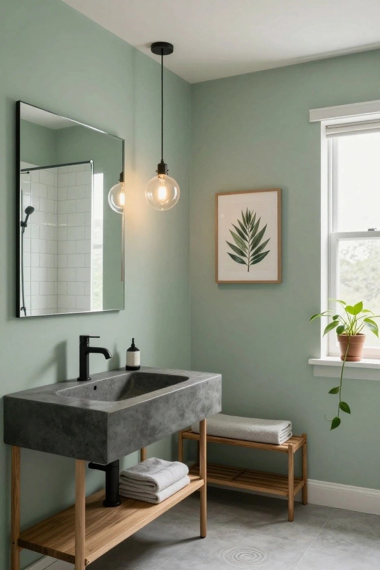 Bathroom featuring soft sage green walls with a wooden vanity and concrete sink.