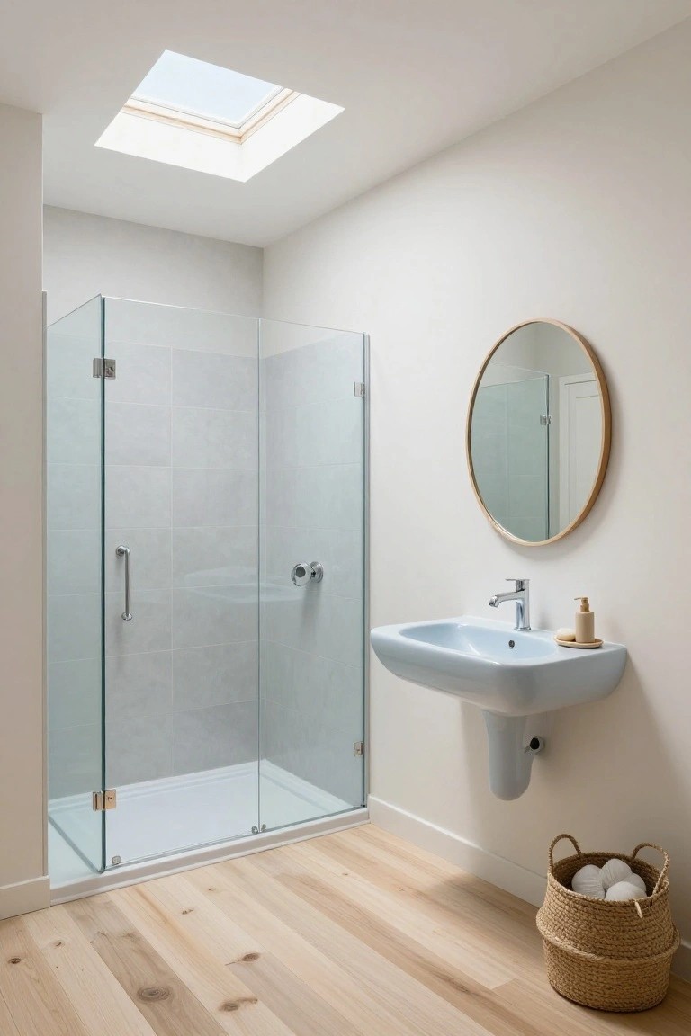 Bathroom with soft white walls, glass shower enclosure, and light wood floor