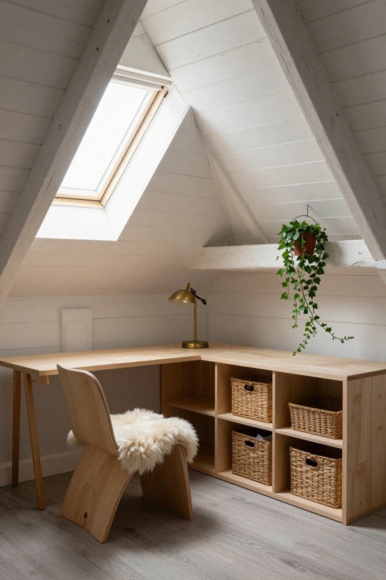 Wooden L-shaped desk with chair topped by sheepskin throw in white attic room featuring sloped ceilings, skylight, hanging ivy plant, brass lamp, and open shelving with wicker baskets on light wood floor.