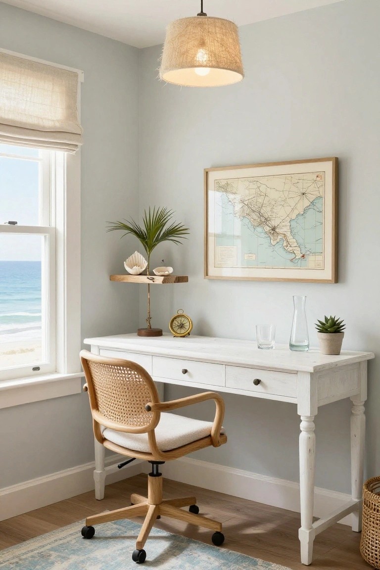 Corner home office with white desk, rattan chair on casters, potted plants, nautical clock and map on wall, linen shade on window overlooking ocean, in pale gray room.