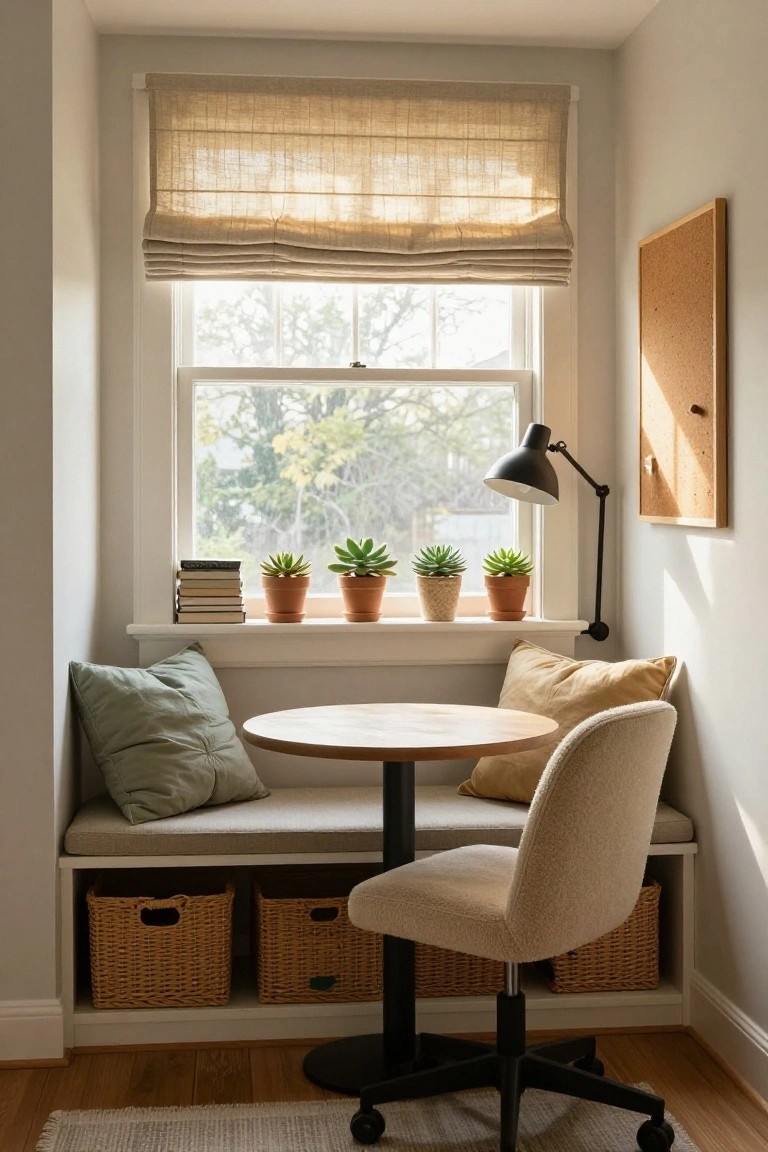 Cozy indoor corner workspace with cushioned bench seat under a large window, round wooden table, upholstered office chair, potted succulents on windowsill, task lamp, corkboard, stacked books, and wicker storage baskets underneath.