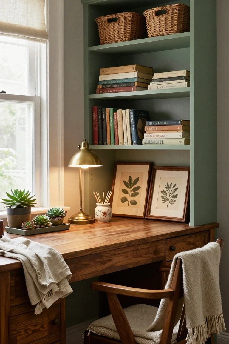 Wooden desk with tray of succulents, brass lamp, vase of sticks, and two framed botanical leaf prints in a teal bookshelf nook next to a window with plants on the sill