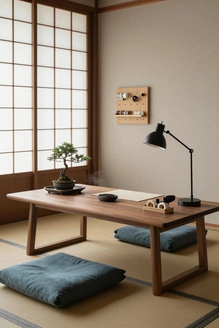 Japanese-style interior room with tatami mat flooring, low rectangular wooden table holding a bonsai tree in black pot, incense smoke, small dishes and papers, two blue cushions, shoji screen windows, pegboard wall organizer, and black adjustable desk lamp.