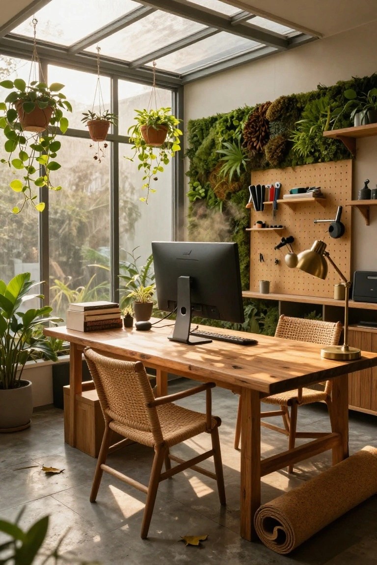 Home office with wooden desk, computer monitor, rattan chairs, large living green wall of plants, hanging planters, potted plants, and large windows under a skylight.