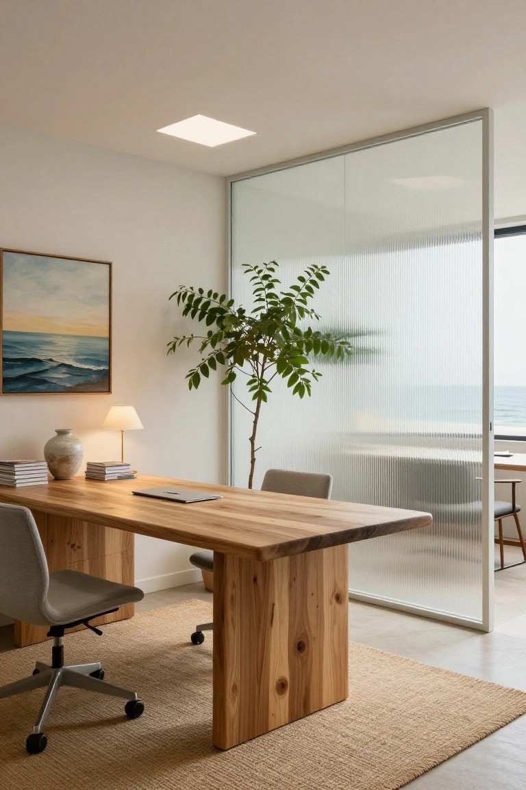 Modern home office with large rectangular wooden desk, two gray upholstered chairs, tall potted plant, stack of books, table lamp, ocean painting on wall, and tall frosted glass partition overlooking sea view.