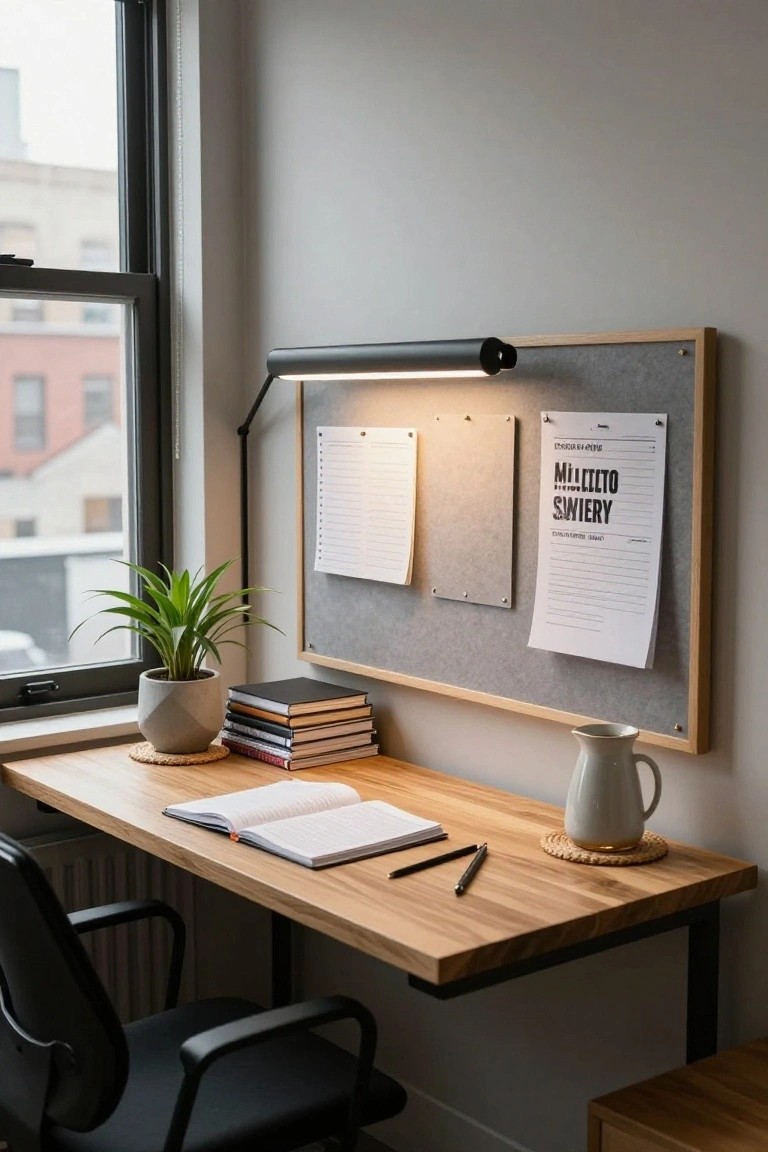 Side view of a light wooden desk in a home office with an open notebook, pens, stacked books, potted plant in gray pot, white jug on coaster, and wall-mounted felt bulletin board with papers above, lit by black lamp, next to a large window.