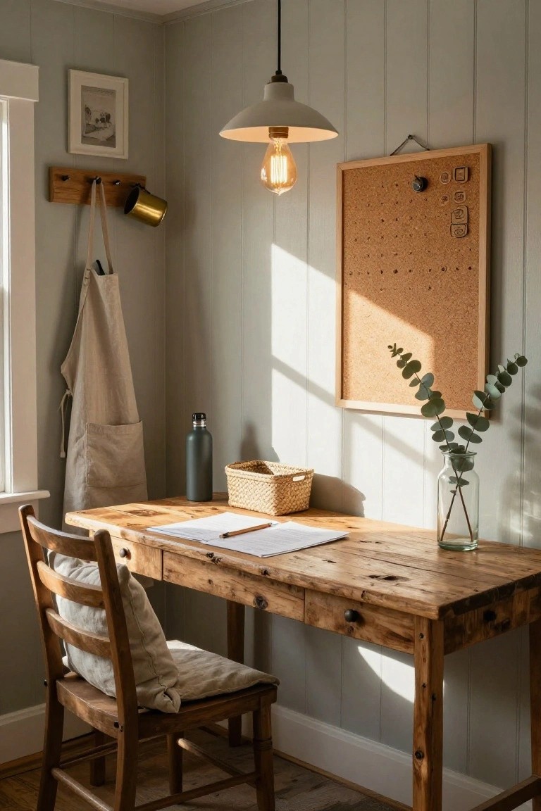 Corner of a home office with pale green shiplap walls, rustic wooden desk holding an open notebook and glass vase of eucalyptus branches, wooden chair with white cushion, hanging beige apron, corkboard, gold mug on wall hooks, and white pendant lamp with exposed bulb.