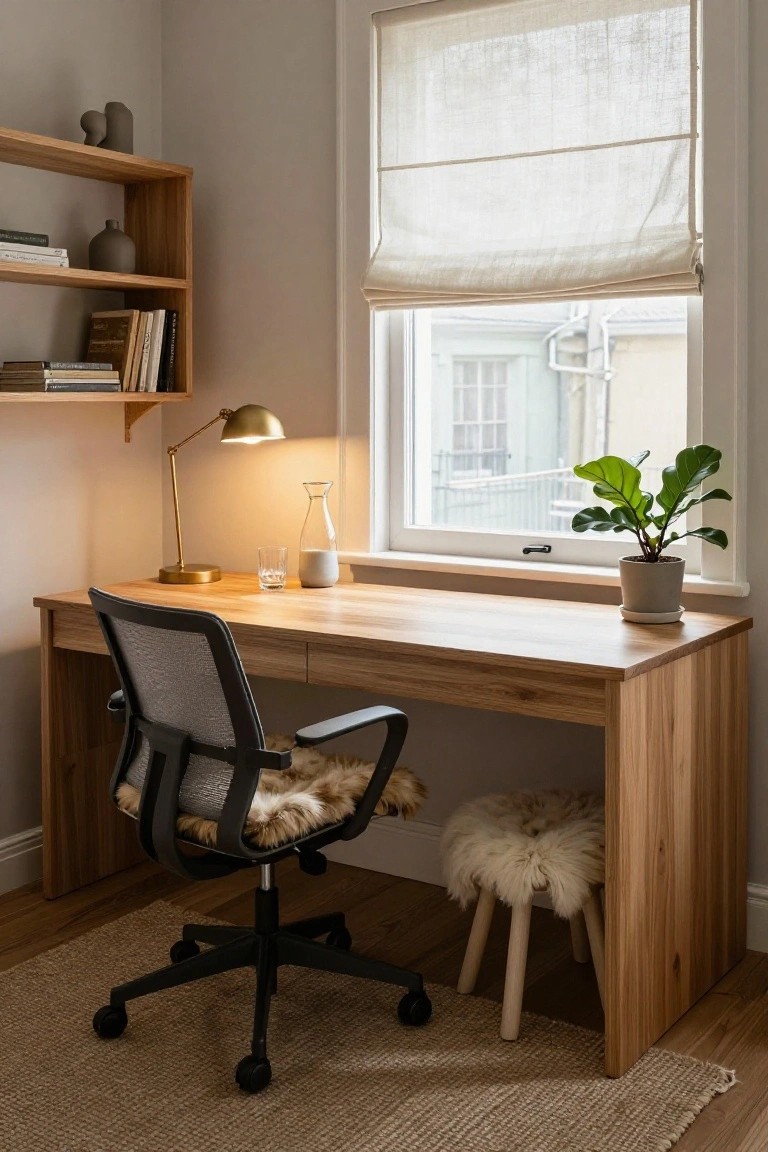 A cozy home office corner featuring a light oak desk with a gold desk lamp, glass of water, white vase, and a black mesh ergonomic office chair topped with a white faux fur seat cushion, next to a matching fur ottoman, with wooden shelves, books, a potted plant on the windowsill with sheer blinds, and a seagrass rug on hardwood floors.