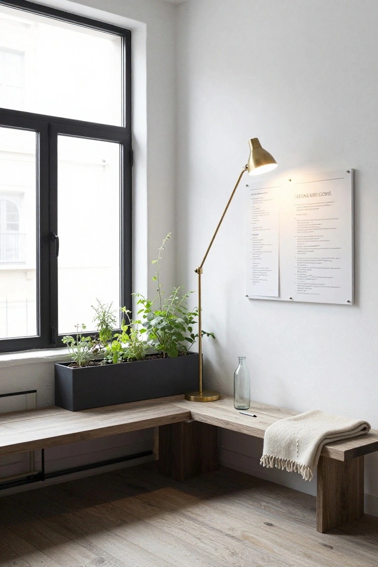 Corner of a light-filled room with a wooden L-shaped bench under a large black-framed window, black trough of herb plants on the sill, adjustable gold floor lamp, glass bottle and pen on the bench with a white knit throw, and illuminated white boards on the wall.