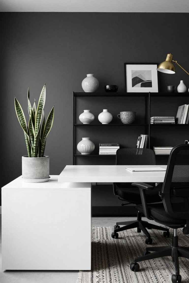 Modern minimalist home office with white L-shaped desk, black mesh office chair, tall snake plant in gray concrete pot next to desk, black metal shelves holding white ceramics and books, gold arc lamp, and abstract framed print on dark gray wall.