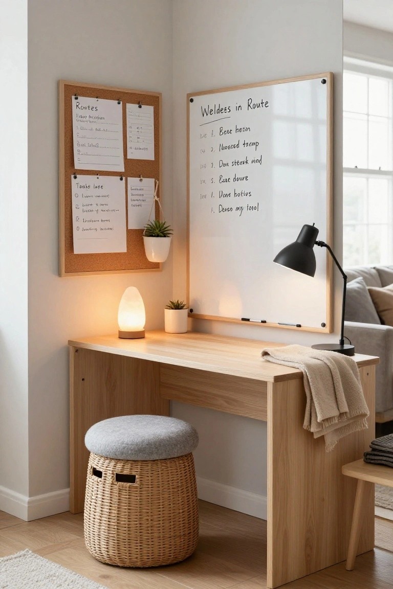 Cozy home office corner with light wooden desk and rattan stool, cork bulletin board with paper lists, adjacent whiteboard titled 
