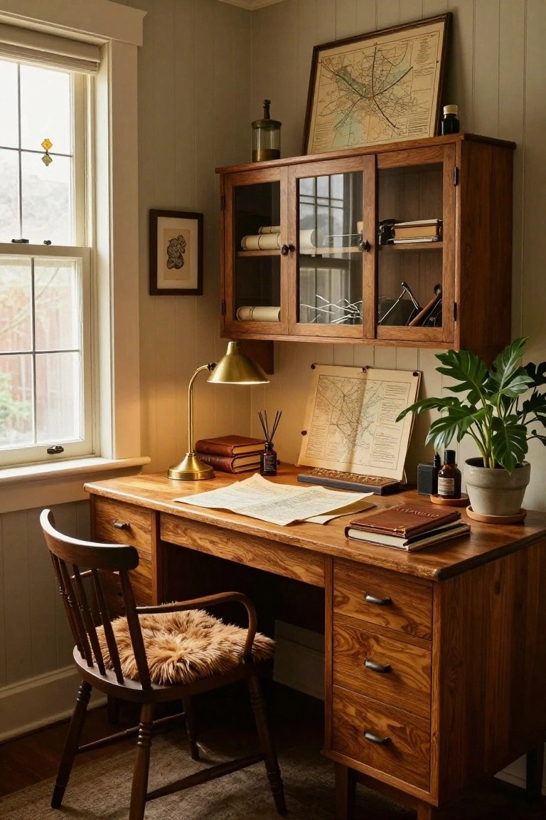 Cozy home office corner with wooden desk, matching overhead glass-door hutch containing books and decor, brass lamp, open maps and papers on desk, potted plant, leather books, beside window in light green paneled room.