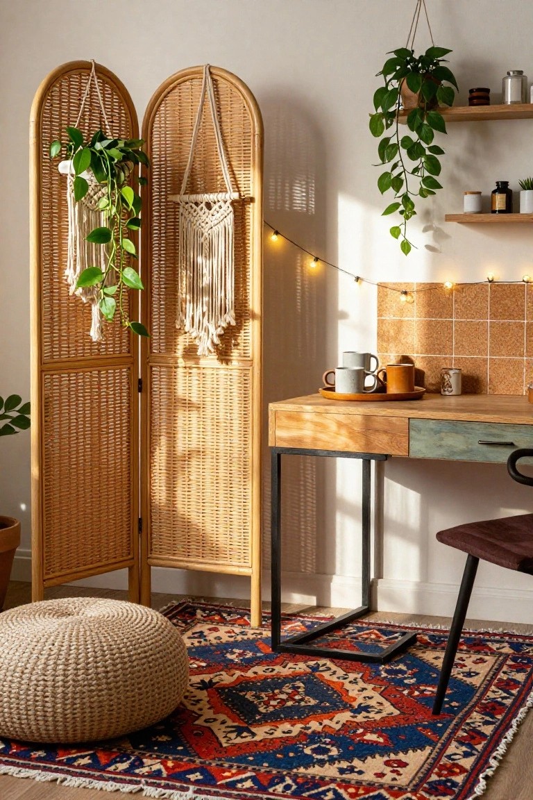 Bi-fold rattan room screen with hanging plants and macrame in a home office corner featuring a wooden desk with ceramic mugs, patterned rug, pouf stool, and wall shelves with greenery.