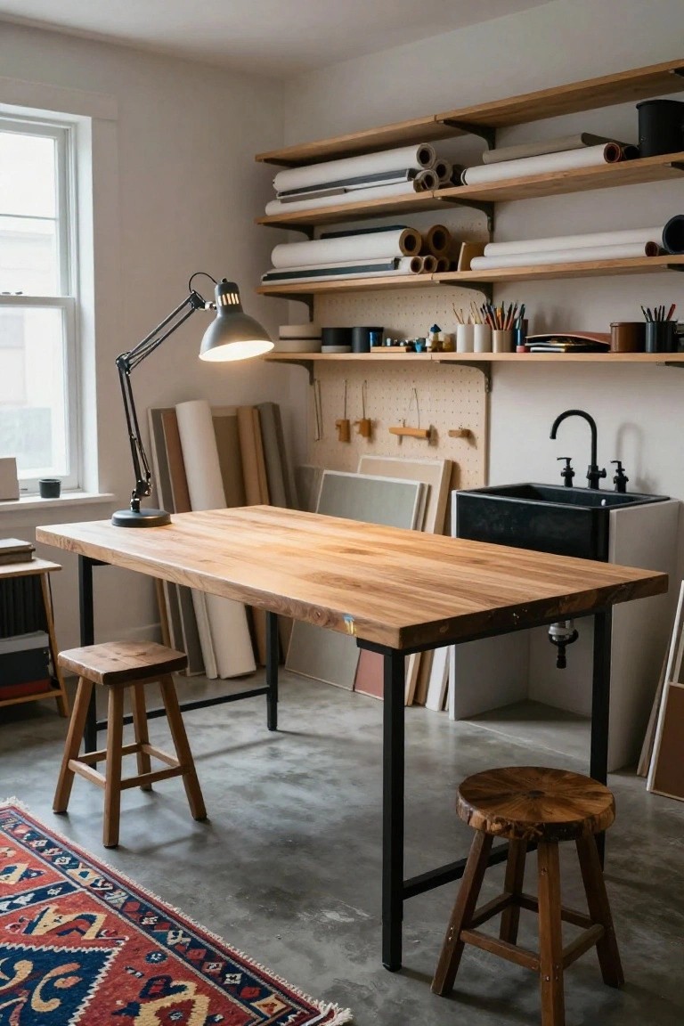 A home studio workspace featuring a large rectangular wooden workbench on black metal legs, flanked by two wooden stools, with open wooden shelves above holding rolled papers and jars, a pegboard wall with tools, and a black utility sink nearby.