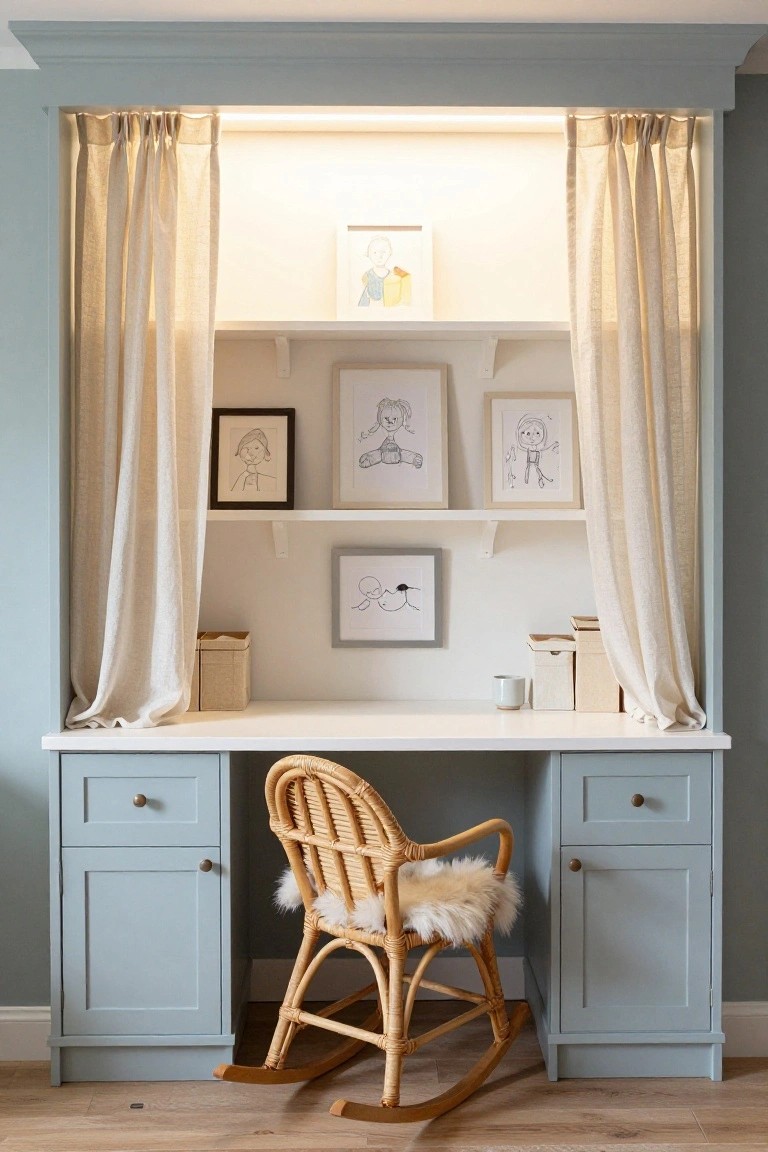 Light blue built-in desk with open shelves displaying framed children's drawings and storage boxes, flanked by beige linen curtains, and a rattan rocking chair with sheepskin cushion positioned next to it.