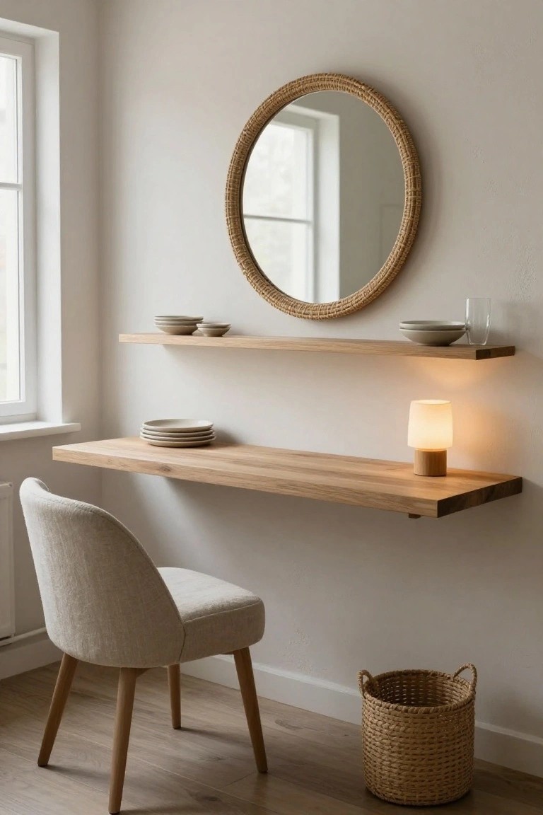 A light beige corner room with two floating oak wood shelves on the wall, the lower shelf holding stacked plates and a small white lamp, cream curved chair positioned below, round rattan mirror above, glass on upper shelf, wicker basket on wooden floor.