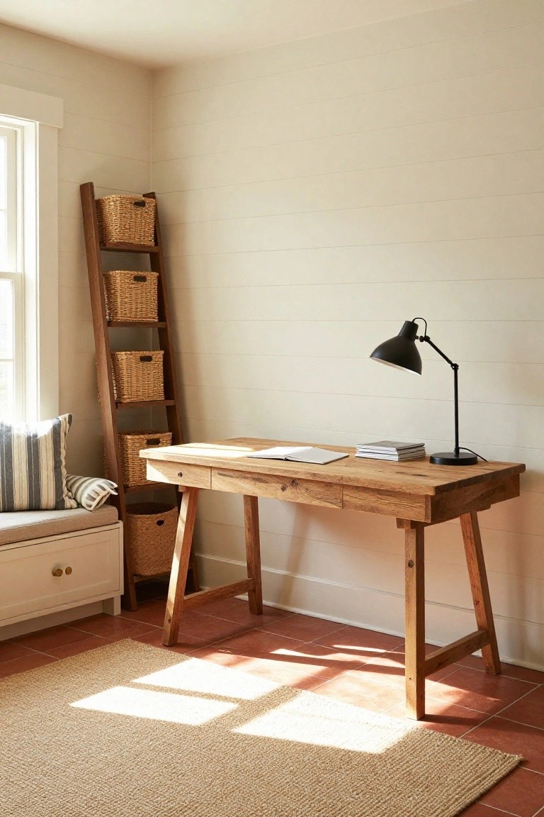 A home office corner featuring a wooden desk with books and papers, a tall leaning wooden ladder shelf holding wicker baskets, a black desk lamp, a cushioned bench by a window, light walls with shiplap, and a seagrass rug on terracotta tile flooring.