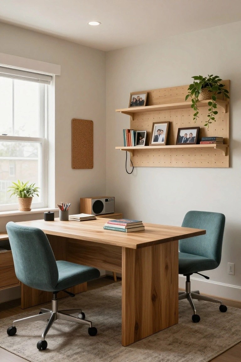 Home office with large rectangular light wood desk, two matching teal upholstered swivel chairs, wooden pegboard wall unit with shelves holding books photo frames and potted plant, cork bulletin board, window with roller shade, potted plant on windowsill, and desk accessories.