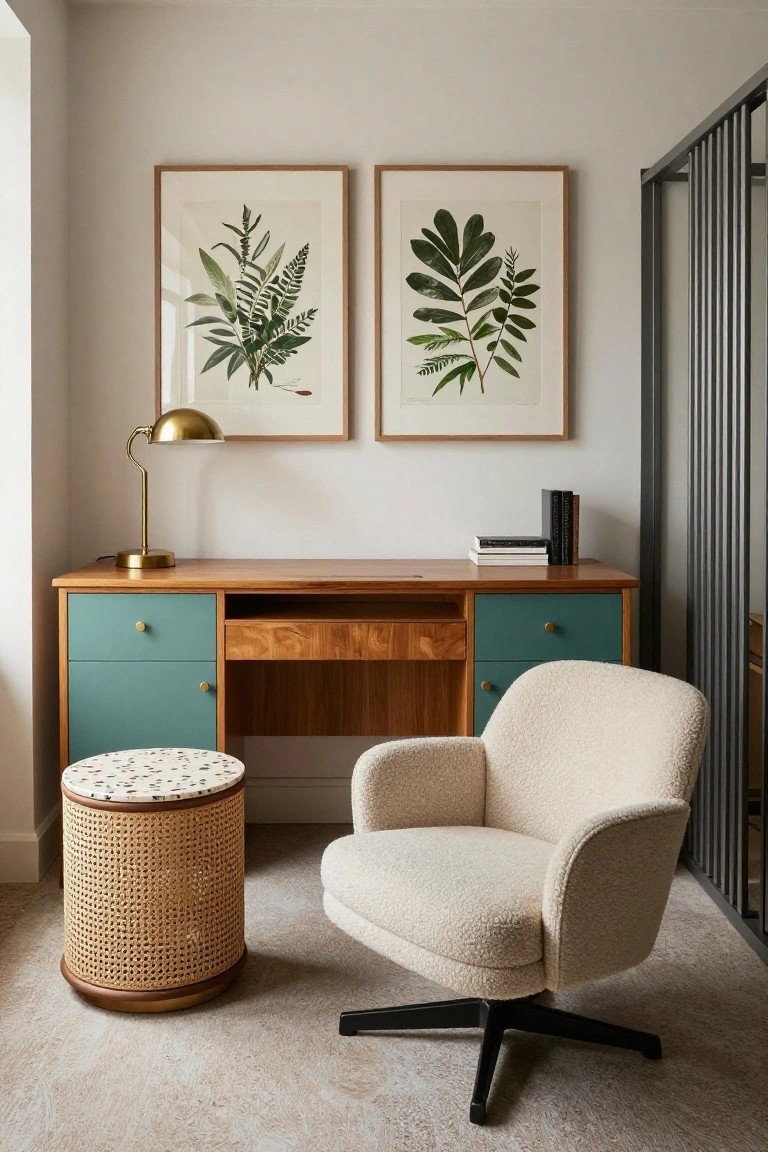 Home office corner featuring a credenza-style wooden desk with teal-painted lower drawers and cabinets, a cream-colored swivel armchair, a rattan stool with terrazzo top, brass desk lamp, stacked books, and two large framed botanical leaf prints on a light wall next to a metal railing.