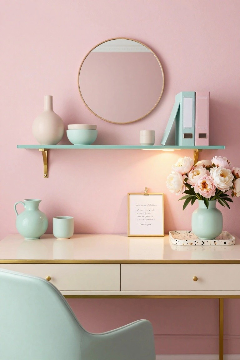 Blush pink-walled home office with white and gold desk, mint green egg chair, glass shelf holding beige and mint ceramics and round gold mirror, peony bouquet in green vase, and framed quote on desk.