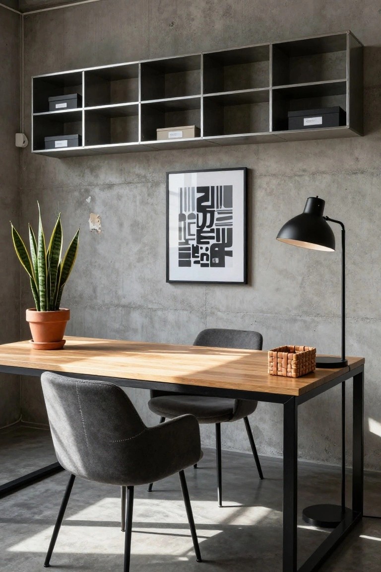 Modern home office with exposed gray concrete walls, black metal wall shelves holding storage boxes, light oak desk on black metal frame, two gray upholstered armchairs, potted snake plant, abstract black-and-white line art on wall, and black desk lamp.