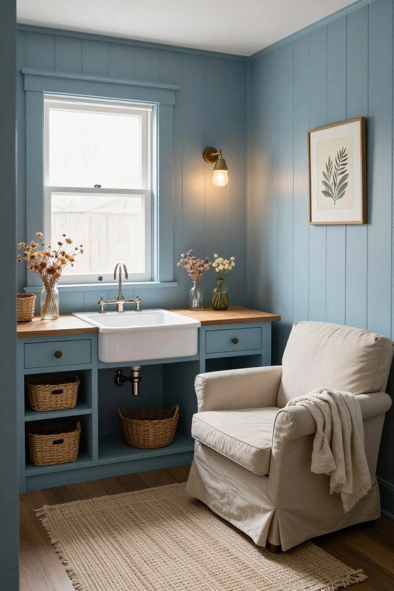 Small room with light blue shiplap walls, white farmhouse sink in blue cabinets topped with oak wood, cream slipcovered armchair with throw blanket, wicker baskets, dried flowers in jars, seagrass rug, and wall sconce by window.