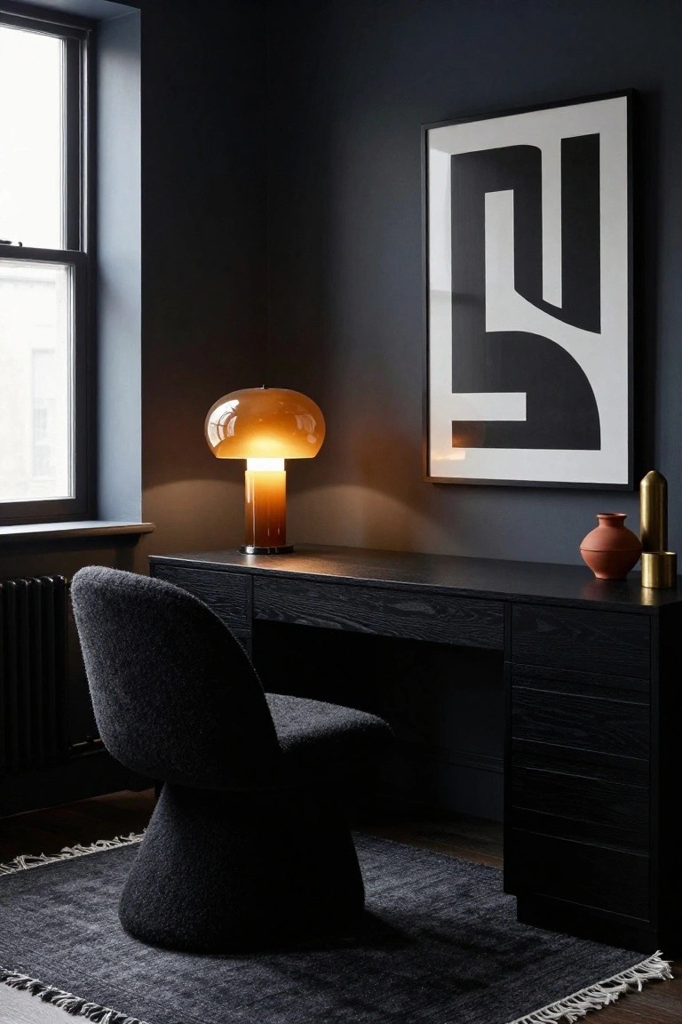 Dark navy-walled home office corner with black wooden desk, black upholstered swivel chair, large amber glass globe lamp, abstract black-and-white wall art, terracotta vase and brass objects on desk, and radiator nearby.