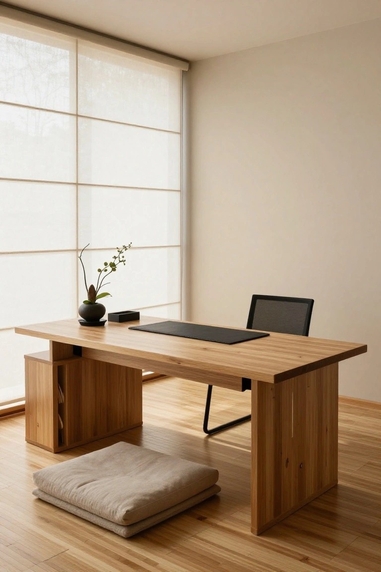 Minimalist wooden desk with built-in storage in a bright room with shoji window screens, black desk mat, orchid vase, mesh chair on one side, and beige zabuton cushions on the floor on the other side.