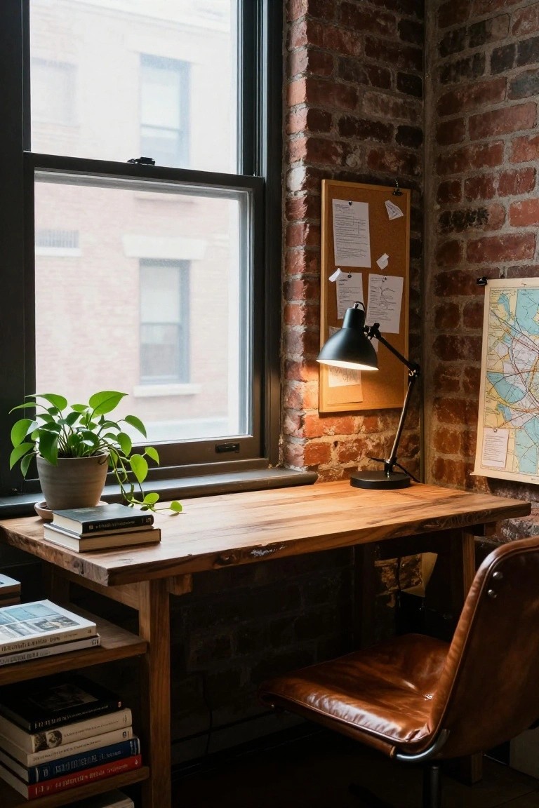Home office corner with exposed brick walls, wooden desk topped with books and a potted plant, black desk lamp, corkboard, world map, and leather chair next to a large window.